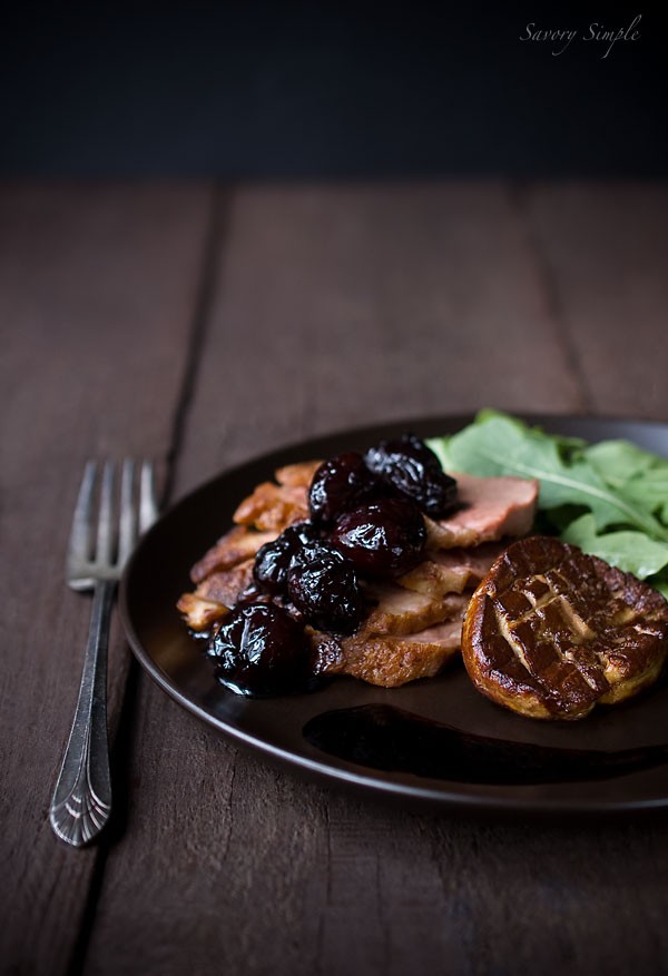 Duck breast with seared foie gras and balsamic cherries