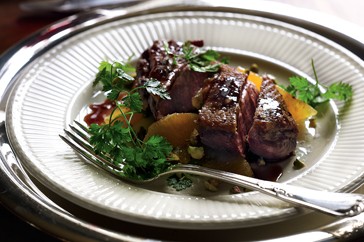 Duck breast with spiced red wine & orange sauce