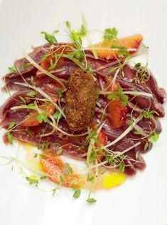 Duck bresaola (Duck bresaola with blood orange, duck leg rissole and celery)