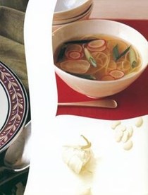 Duck broth with noodles, scallions, and radish 