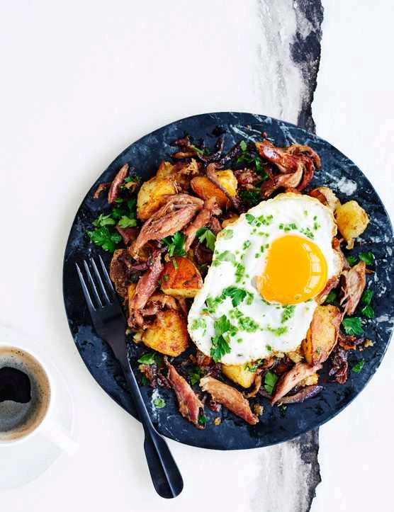 Duck confit hash and chilli-fried eggs