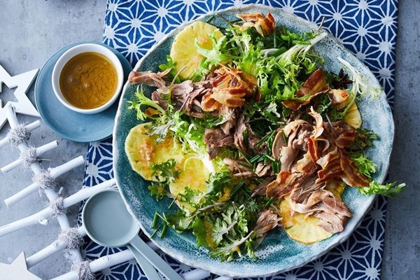Duck confit salad with kale and pickled pineapple