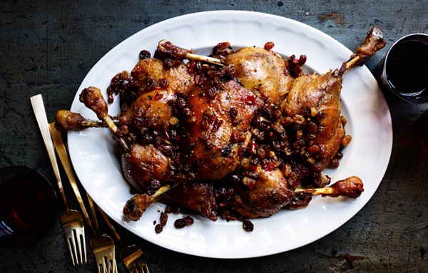 Duck confit with spicy pickled raisins