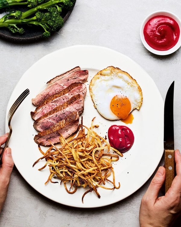 Duck, egg and shoestring fries with rhubarb ketchup