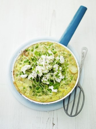 Duck egg frittata with peas and beans