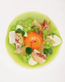 Duck egg/ham/peas