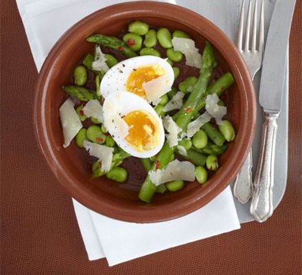 Duck eggs with warm bean, asparagus and chilli salad