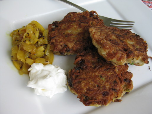 Duck fat fried latkes with apple lemon chutney