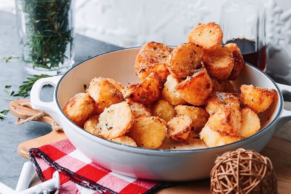 Duck-fat potatoes, rosemary salt and sherry vinegar