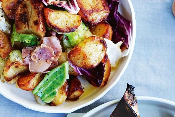 Duck fat potatoes with pancetta and cabbage