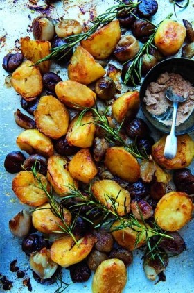 Duck fat roasted potatoes, sweet shallots and chestnuts with rose garlic salt