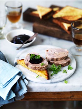 Duck galantine with foie gras and beetroot jelly