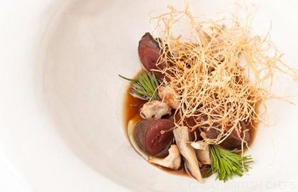 Duck hearts with mushroom floss and spiced broth