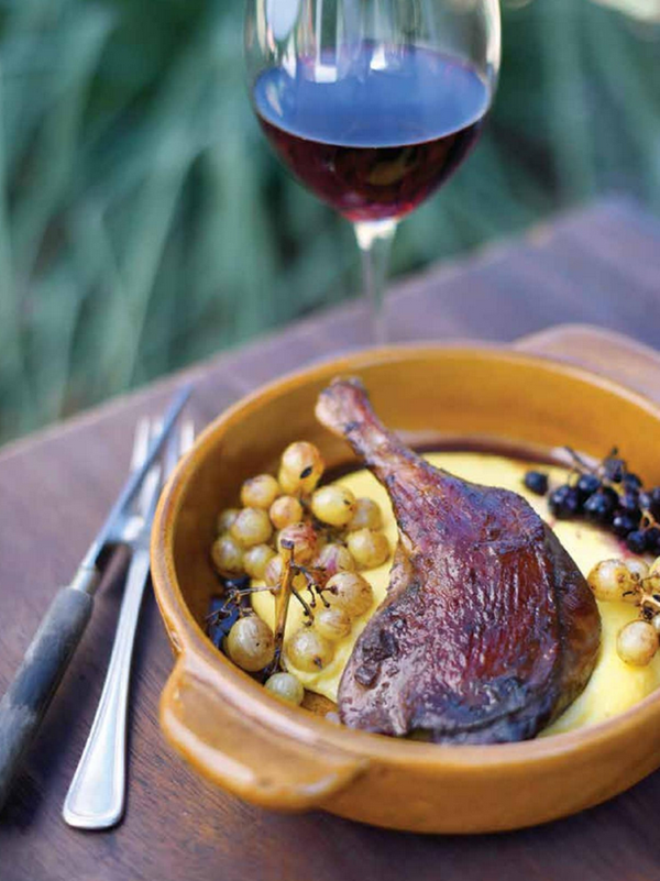 Duck legs with saba, grapes, and cultured polenta