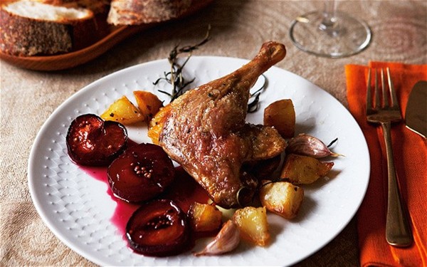Duck legs with sweet-and-sour roasted plums