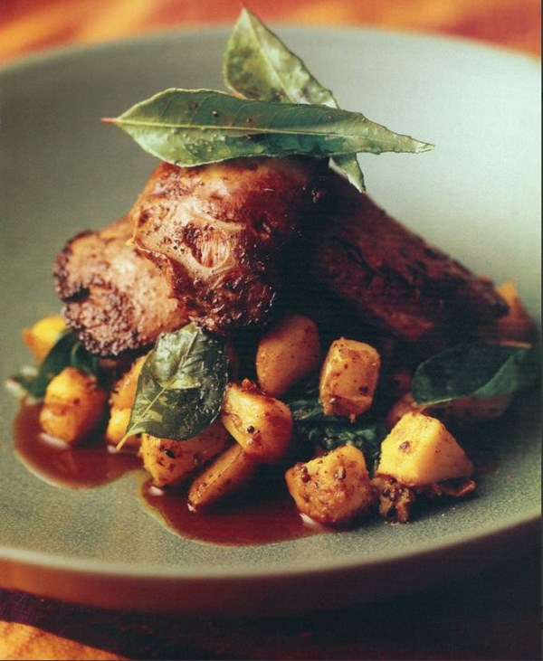 Duck livers wiith garam masala potatoes, peas and spinach