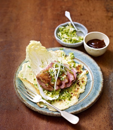 Duck pancakes with quick-pickled spring onions