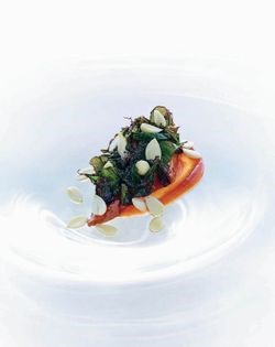 Duck poached in green plum masterstock, umeboshi, spring almonds, amaranth