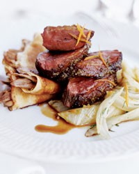 Duck two ways with chickpea crêpes and fennel compote