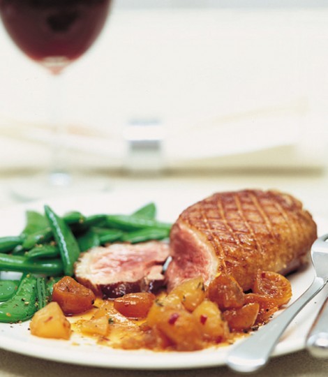 Duck with kumquat and pear chutney