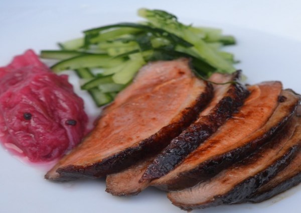 Duck with rhubarb jam and pickled cucumber