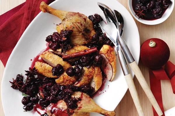 Duck with spiced cherry and bourbon sauce