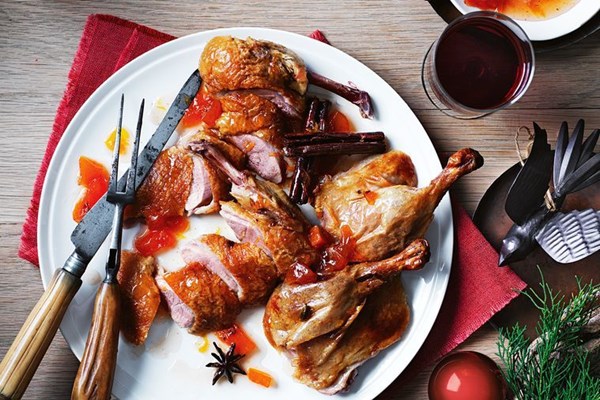 Duck with spiced peach sauce