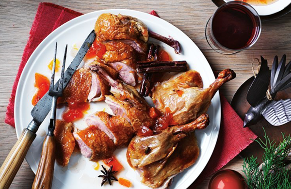 Duck with spiced peach sauce