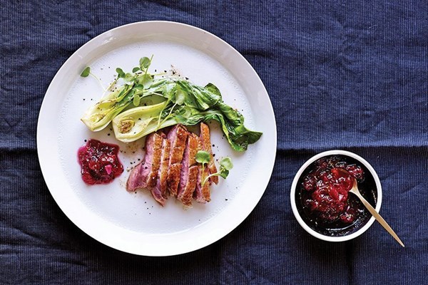 Duck with spiced plum jam + watercress