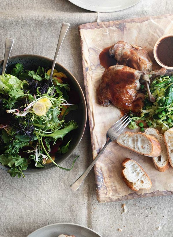 Duck with spring greens, baby beet & bacon salad & chicken jus