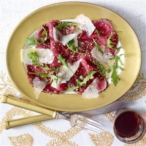 Dukka-crusted beef carpaccio with Parmesan