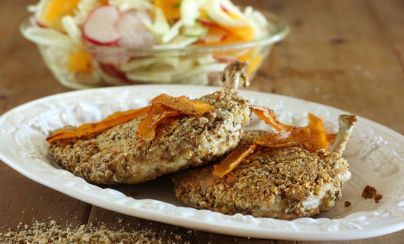 Dukkah crumbed chook breast with fennel, radish and orange salad