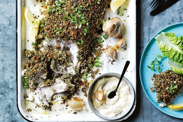Dukkah-crusted blue-eye with roasted garlic mayo