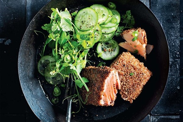 Dukkah-crusted salmon with cucumber and chilli salad