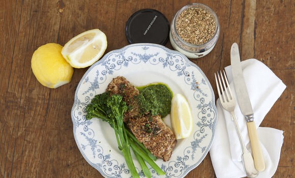 Dukkah crusted snapper with kale pesto