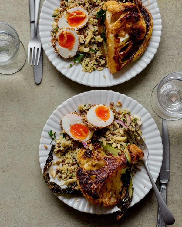 Dukkah eggs, herby bulgur and roast cauliflower