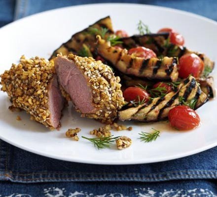 Dukkah lamb with smoky aubergines