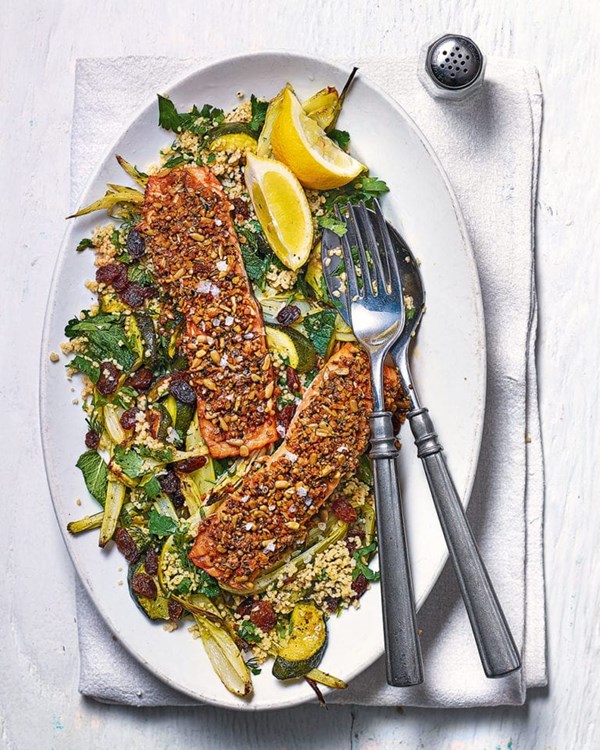 Dukkah salmon fillets with roast fennel, courgette, sultana and herb couscous