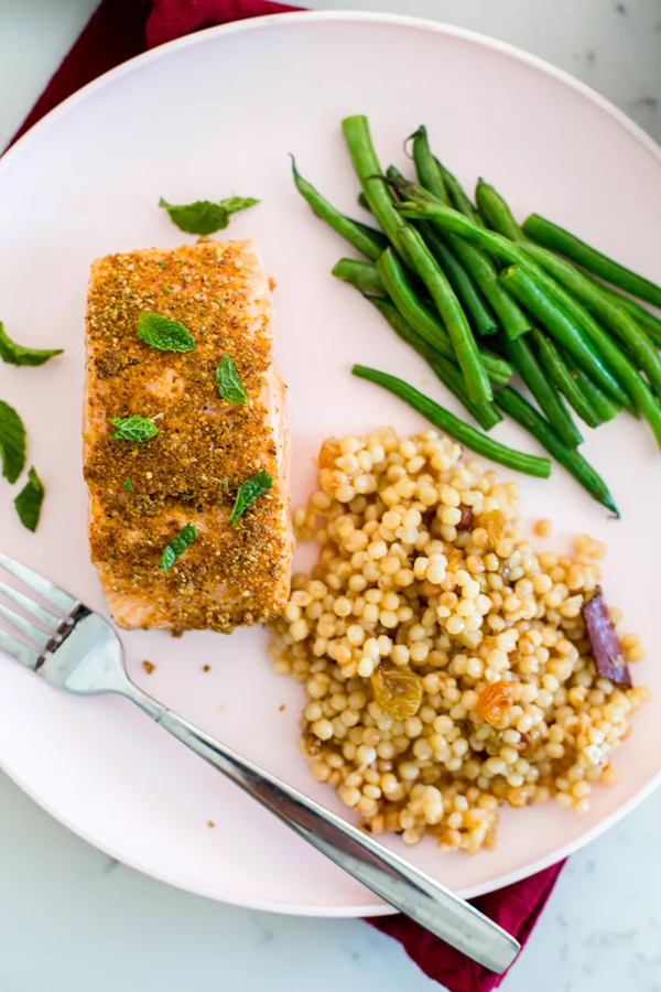 Dukkah-spiced salmon with lemony couscous