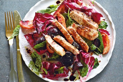 Dukkan pork with roasted apple and beetroot salad