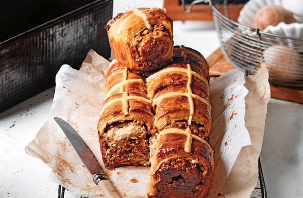 Dulce de leche and pear hot cross bun pull-apart loaf