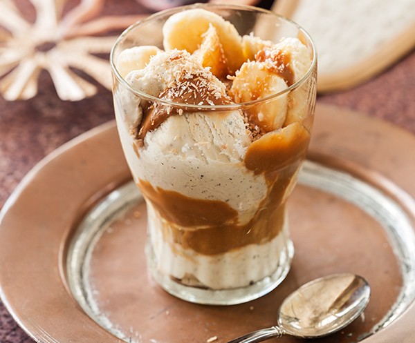 Dulce de leche with bananas, ice cream & toasted coconut