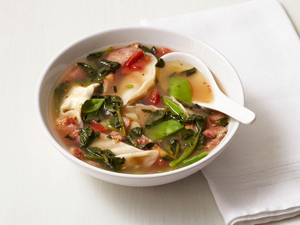 Dumpling soup with bacon and snow peas
