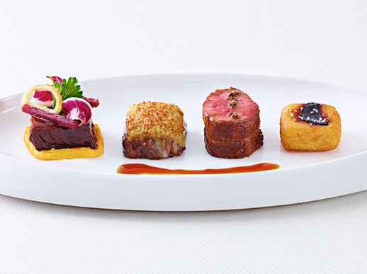 Duo de boeuf, bone marrow-crusted tardivo, sweet potato Dauphine