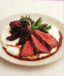 Duo of beef with Kobe strip loin and braised Kobe short ribs, with white polenta