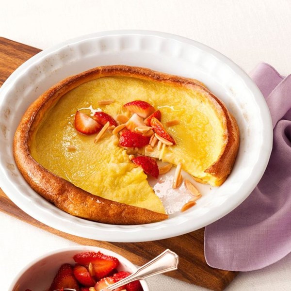 Dutch baby pancake with strawberry-almond compote