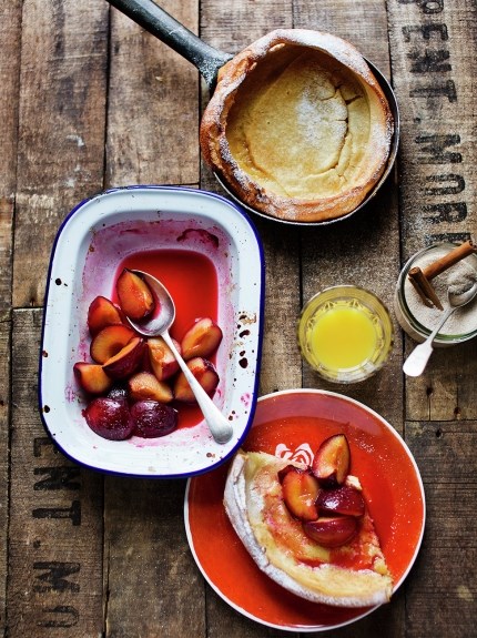 Dutch baby pancakes with roasted plums