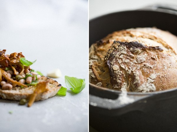 Dutch oven no-knead herb bread [chanterelle & black-eyed bean bruschetta]