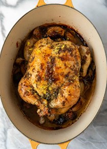Dutch oven-roast chicken and shallots