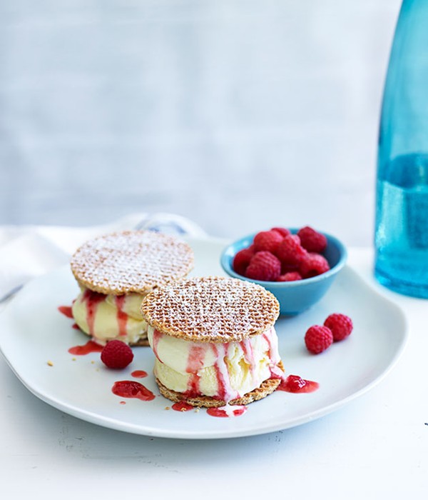 Dutch waffle ice-cream sandwiches with crusted raspberries